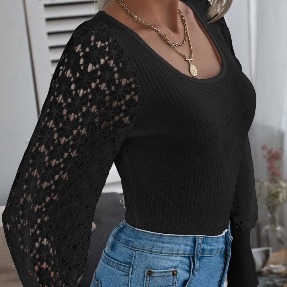 lace sleeve fall long sleeve ribbed top White - Picture 5 of 13